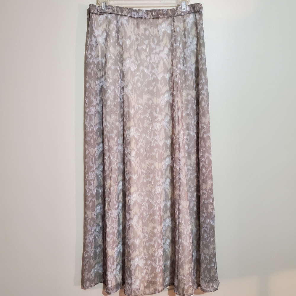 Soft Surroundings gray taupe sheer chiffon overlay abstract print maxi dress S